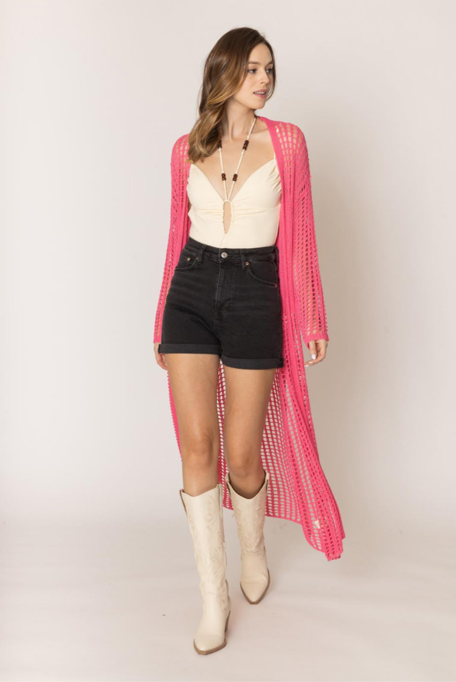 Pink bohemian long crochet cardigan coat for vacation