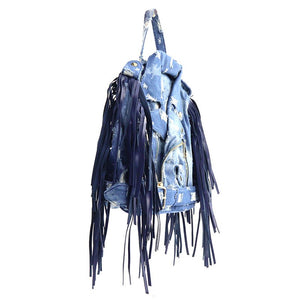 Fashion-forward denim backpack purse with fringe embellishments