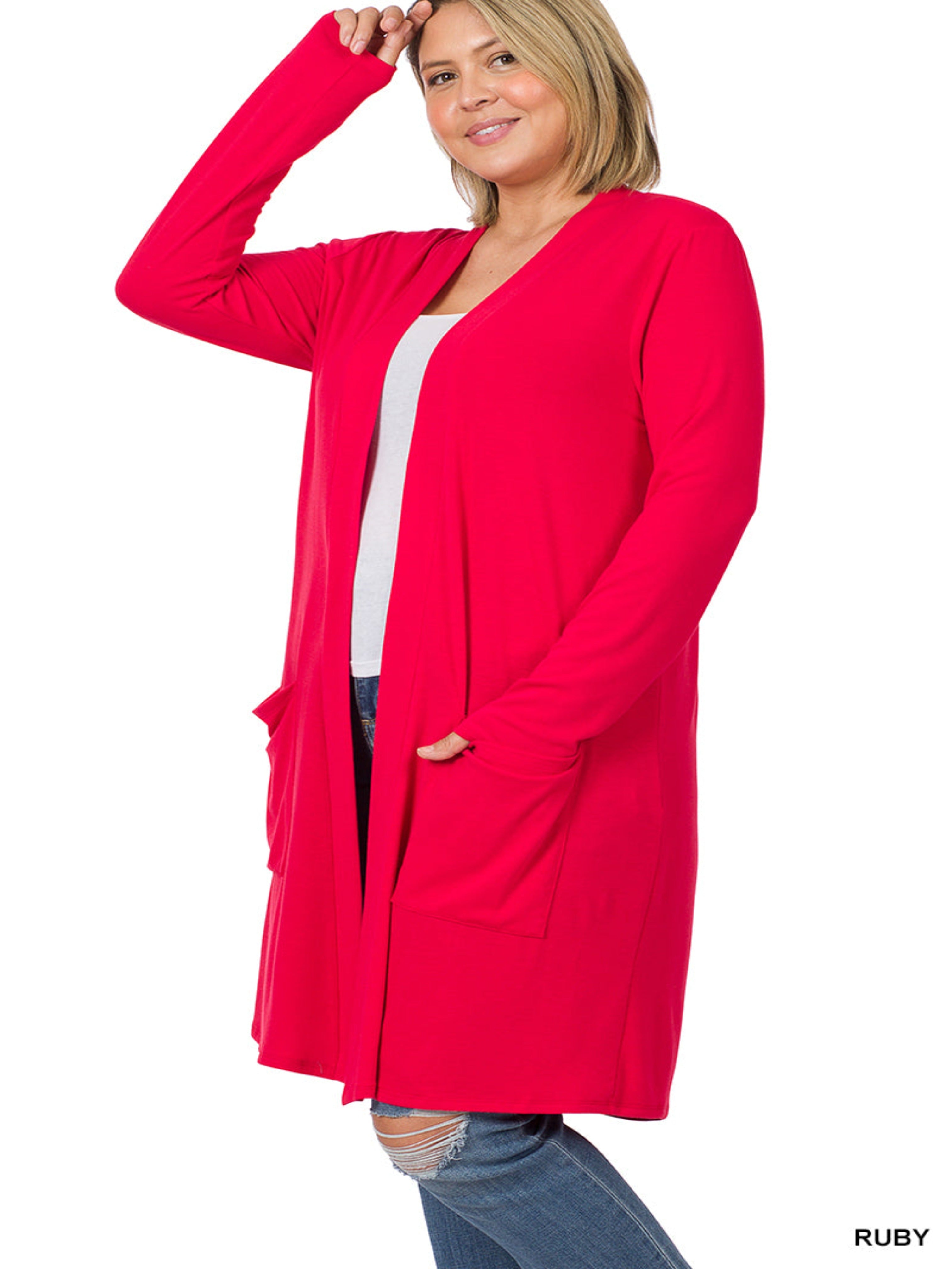 Red Plus Size Cardigan With Pockets