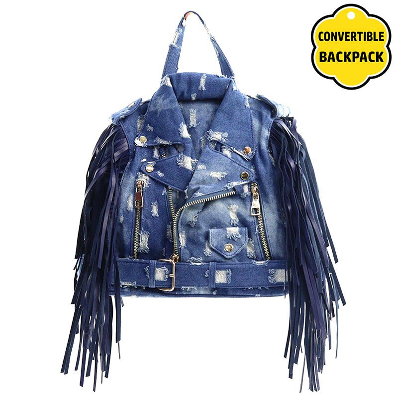 Denim Moto inspired backpack purse with edgy fringe detail 