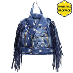 Load image into Gallery viewer, Denim Moto inspired backpack purse with edgy fringe detail 
