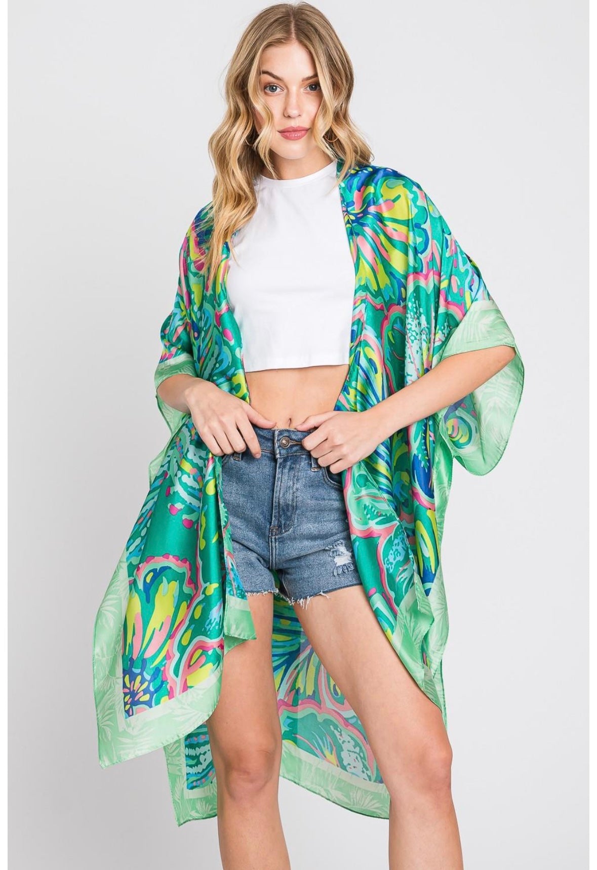Green floral print loose fit summer kimono