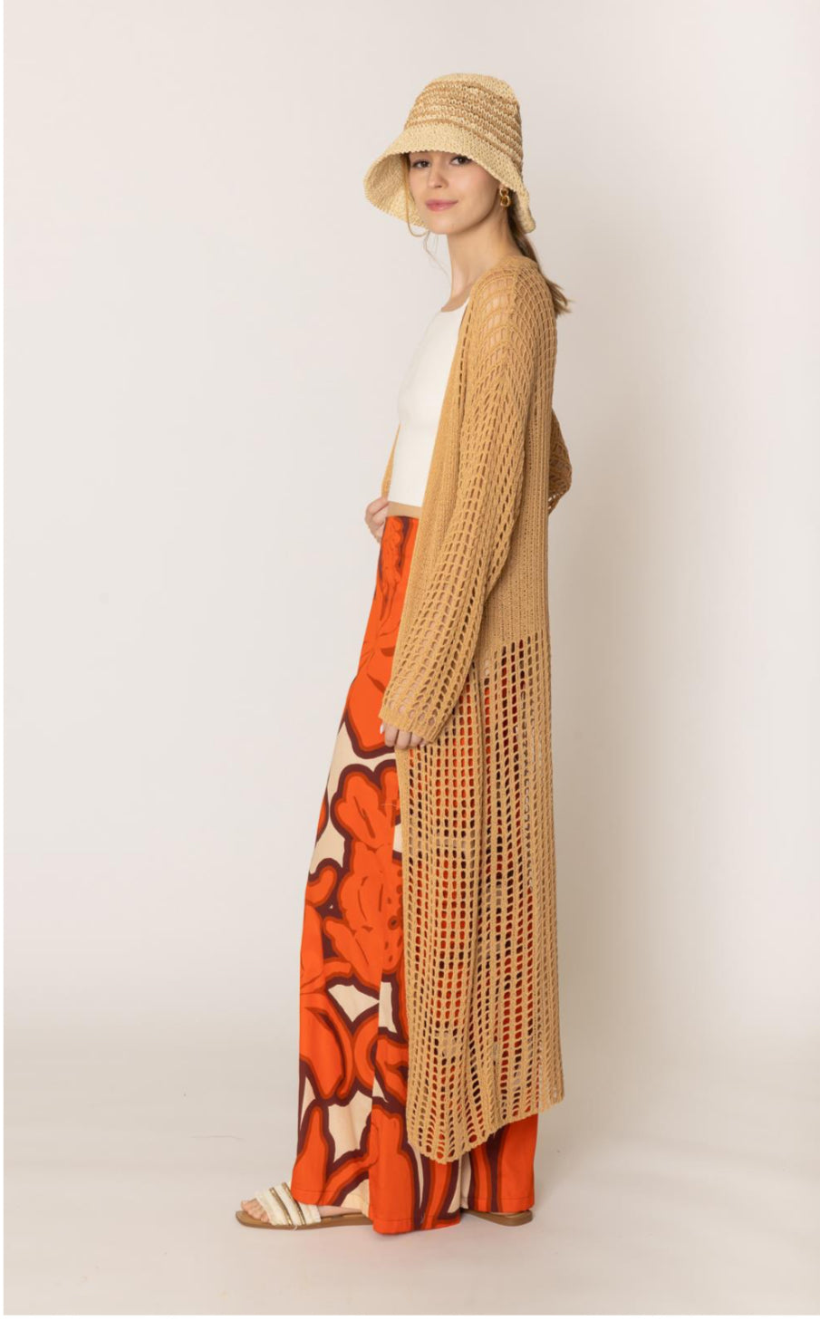 Camel color crochet knit calf length cardigan for summer  