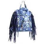 Load image into Gallery viewer, Stylish denim backpack with biker jacket design
