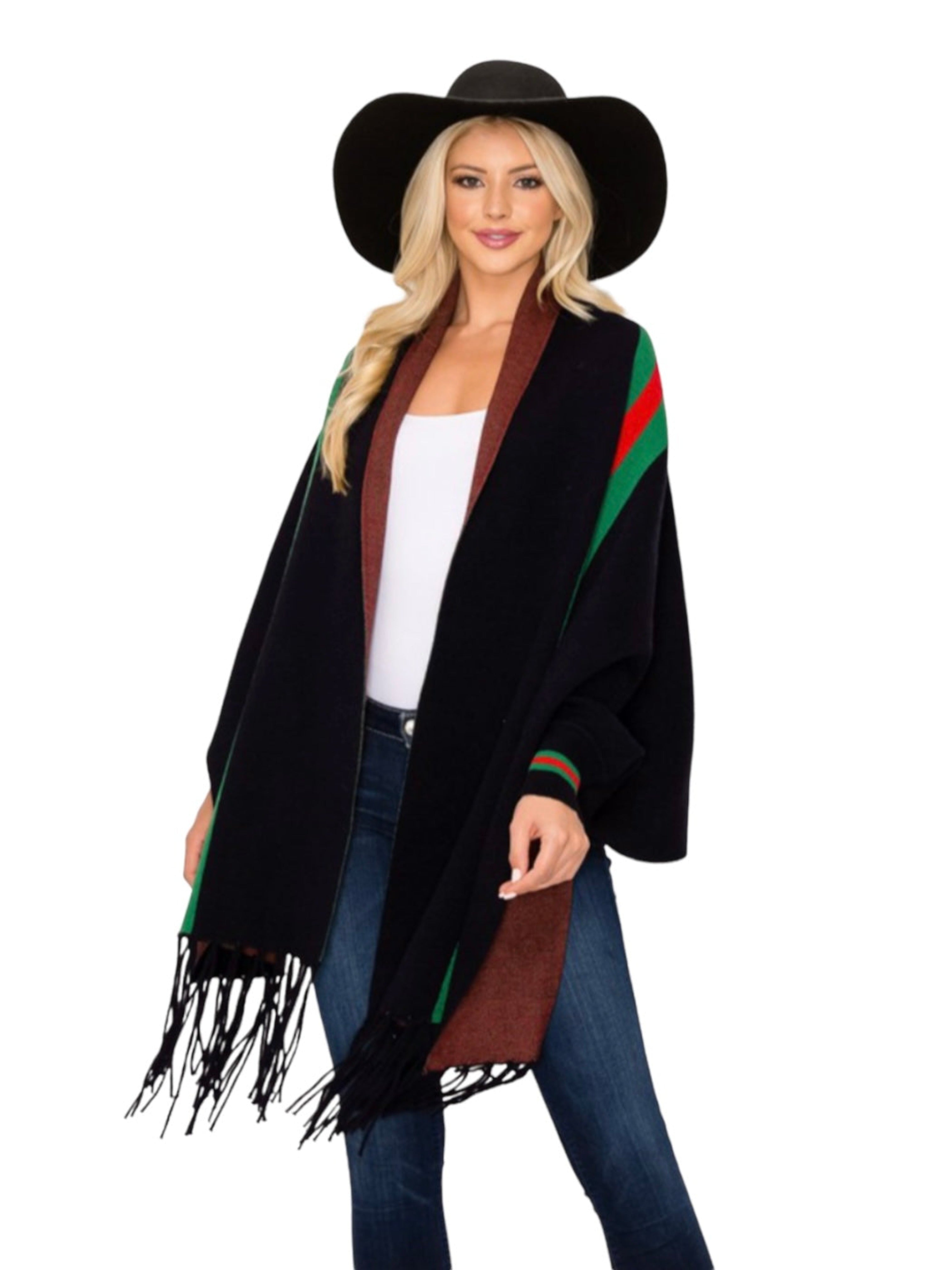 Black Gucci inspired poncho with sleeves and fringe  