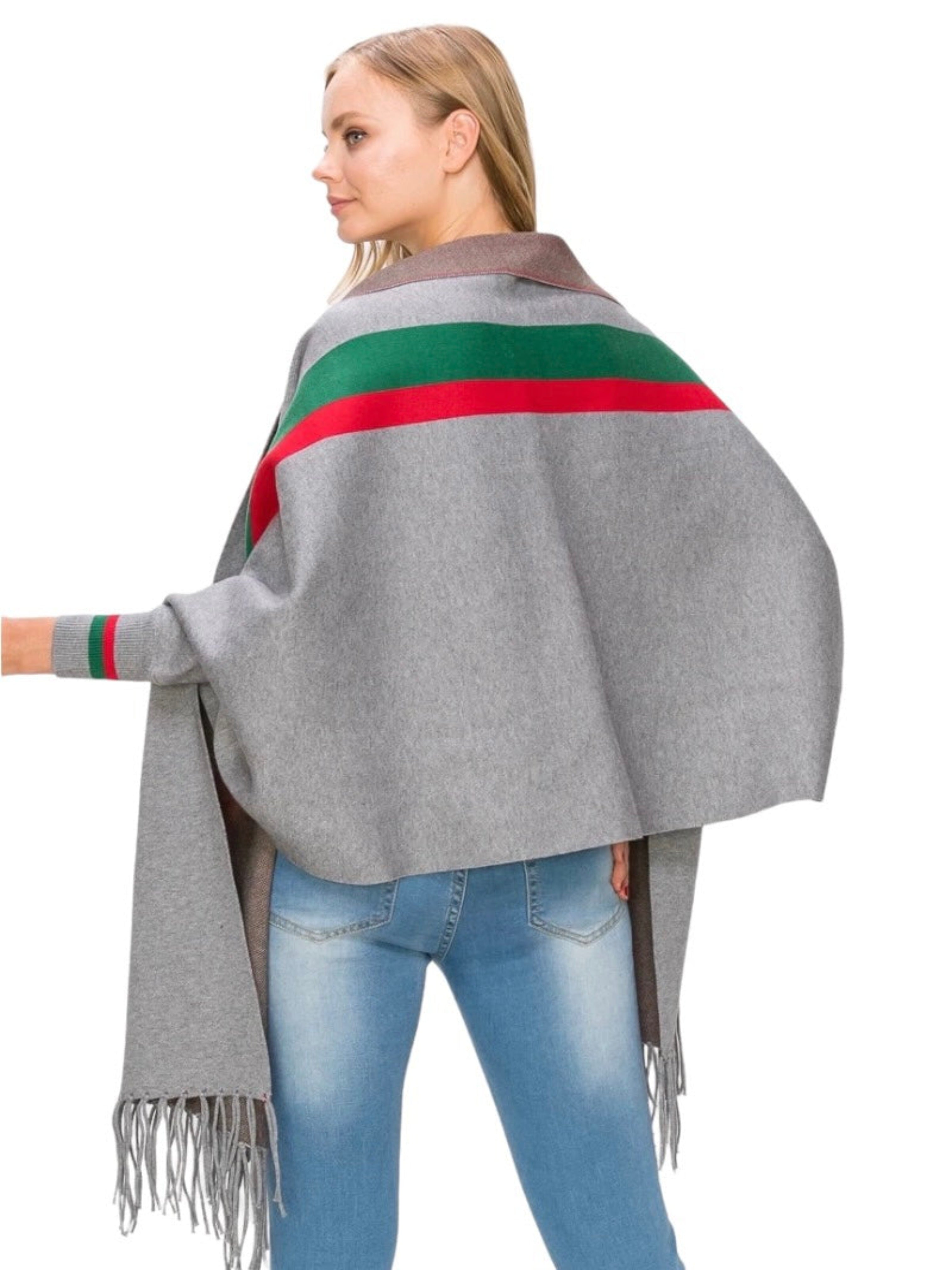 Gray poncho with red and green stripe 