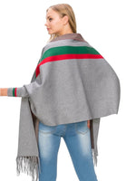 Load image into Gallery viewer, Gray poncho with red and green stripe 
